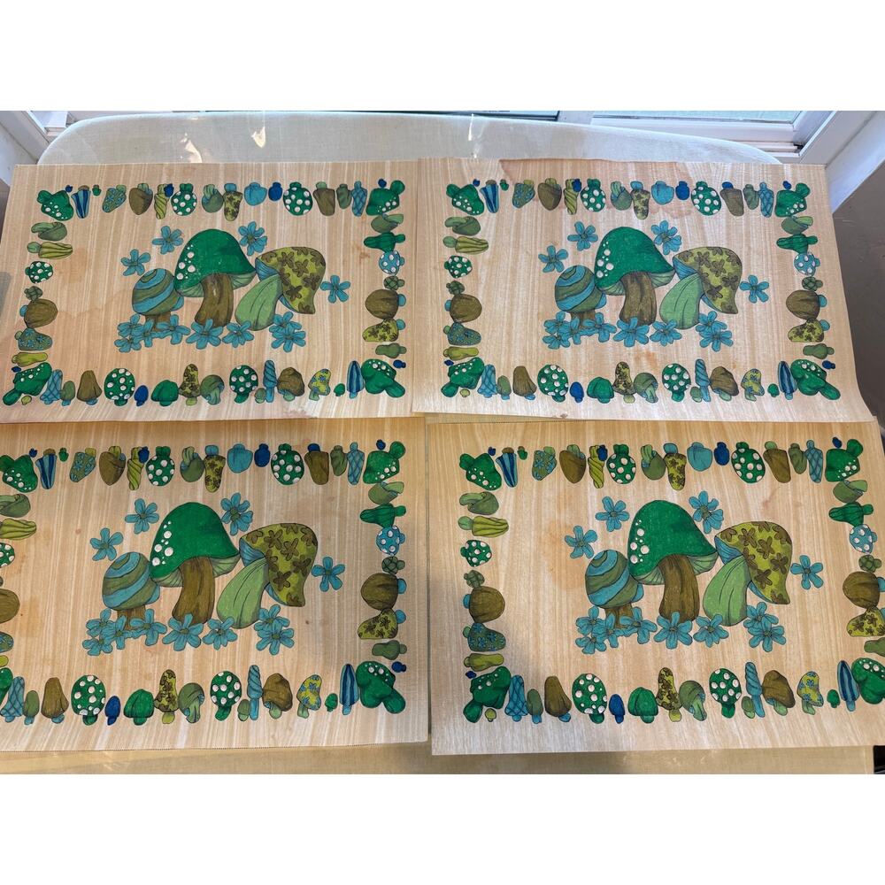 Vintage 70s Retro Mushrooms placemats in green blue psychedelic 13 x 19 in
